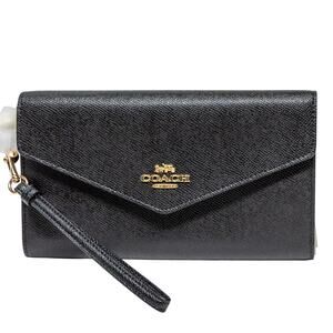 Large Roomy COACH Black Crossgrain Leather Travel Envelope Wristlet Wallet NWT